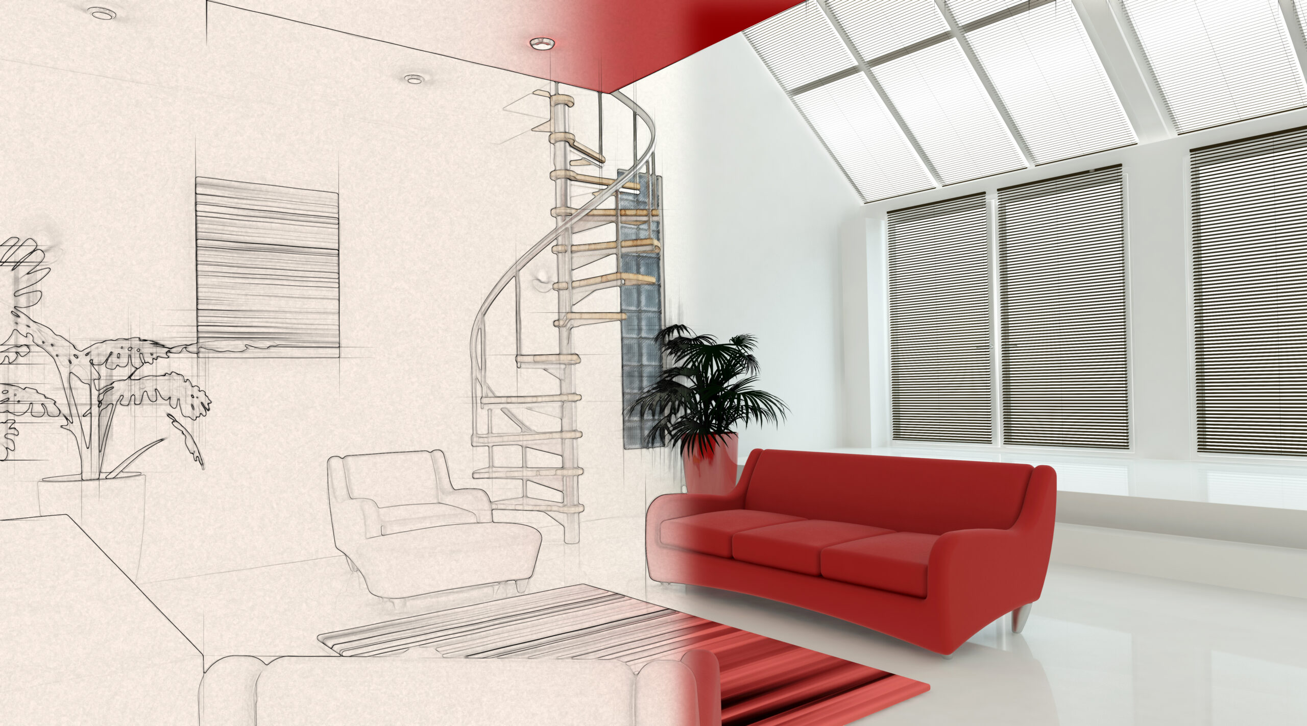 3D interior with half in sketch phase